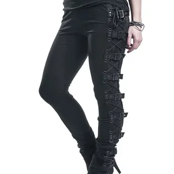 Gothic Punk Čipke Priložnostne Tovora Hlače Ženske Sponke Rock Temno Črno Pantalones Visoko Pasu Plus Velikost Hlače S-5XL Dolge Hlače