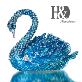 H&D Ročno Poslikane Bejeweled Modra Swan Škatle S Prilepko Nakit Trinket Box Ring Imetnik Kolektivov Darilo Doma, Poroka Dekoracija