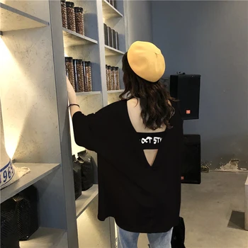 Harajuku Nazaj votlih ustvarjalnih žensk t shirt poletje novo pismo tiskanje tshirt ženske korejski priložnostne svoboden mehko vrhovi dolgo, t-majice