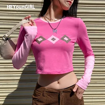 HEYounGIRL Argyle Roza Znoj Y2K Obreži Zgoraj Majica s kratkimi rokavi Ženske Priložnostne Bombaž Dolg Rokav T-shirt Dame Mozaik Moda Tee Majica