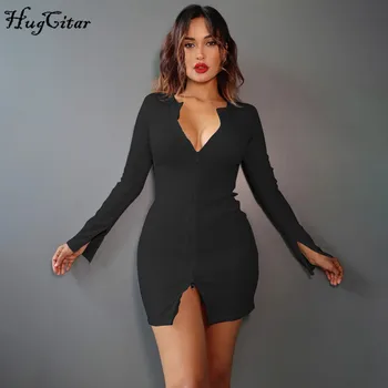 Hugcitar 2020 dolgo režejo rokav zadrgo gola seksi mini obleka jeseni, pozimi ženske modni ulične obleke čiste stranke obleke