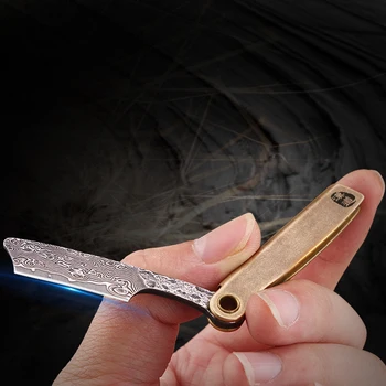 HX na PROSTEM Damask Medenina Ročaj Brez zaklepanja Keychain Nož Odlično Trdoto Nož Prenosni EOS Mini Britev Glavo Folding Nož