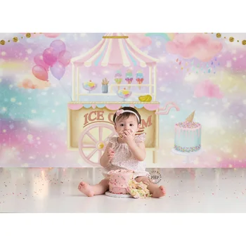 Ice Cream Novorojenega Otroka, Rojstni dan Torta Tabela Ozadje za Fotografiranje Samorog Mavrica Neba Otrok Portret Ozadju