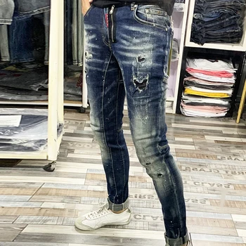 Italijanski Modni Stil Moške Kavbojke Slim Fit Razrezana Oblikovalec Ripped Kavbojke Moški Hip Hop Hlače Visoke Kakovosti Ulične Biker Jeans
