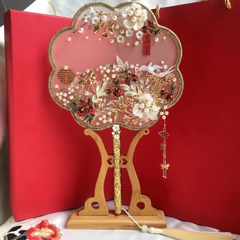JaneVini 2021 Luxury Gold Poročne Ventilatorja Ročno Izdelane Šopke Cvetja Beaded Kitajski Kovinske Okrogle Ročno Fan Nakit, Poročni Dodatki