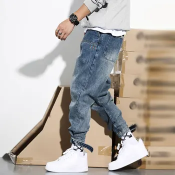 Japonski Modni Stil Moške Jeans Retro Modra Ohlapno Fit Visoke Kakovosti Tovora Hlače Harem Hlače Ulične Hip Hop Kavbojke Moški