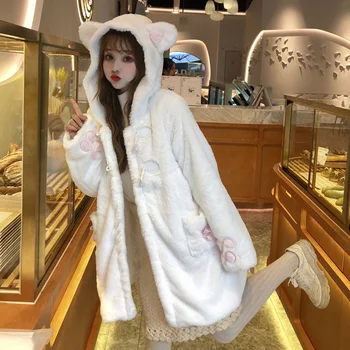 Japonski Sladka Jesen Zima Lolita Coats Girly Zajec Ušesa Toplo Mehko Plišastih Risank Anime Luštna Mačka Kawaii Hooded Jopiči Outwear