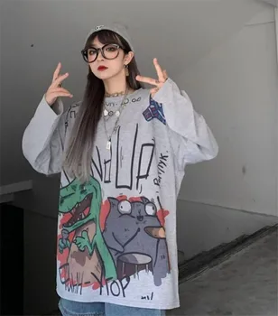 Japonski Ženska Smešno Roza Svoboden Dolgimi Rokavi Tshirt Tee Sweatshirts Natisnjeni Dekleta Kpop Bela Moda Za Ženske Športna Majica