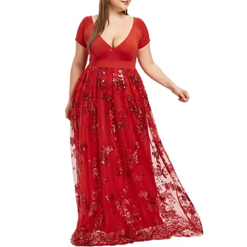 JAYCOSIN oblačila 2019 obleko Plus Velikost Ženske Proti-Vrat Kratek Rokav Cvetlični Sequined Večer Stranka Mrežasto Obleko