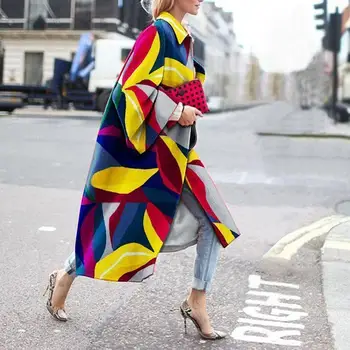 Jeseni, pozimi 2020 nove vroče prodajo fashion geometrijske tiskanje barvnih svoboden dolg rokav, dolg plašč windbreaker Plus Velikost ženske plašč
