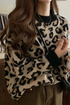 Jeseni, Pozimi Leopard Elegantna Puloverji Ženske Modni Letnik Leni Veter Harajuku Izgubijo Vse-tekmo, Pletene Ullzang Puloverji za Dekleta