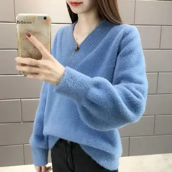 Jeseni, pozimi Proti-vrat mink žamet pulover ženske puloverju korejska različica svoboden zunanji nosite debele pletene vrh dno majica
