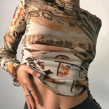 Jeseni Zložene izrežemo Luknjo Osnovne Tees Seksi Ženska Gotska Ulica Moda Grafični Y2K Crop Tops Dolg Rokav Priložnostne tshirt Ženske