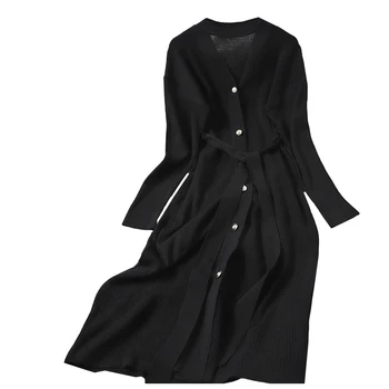 Jeseni Ženske Pletene Midi Obleko Priložnostne Proti-vrat beloprsi Singl Black/Kaki Pletene Obleke korejski Elegantna Ženska Nove Robe Mujer 2020