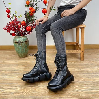 Johnature 2020 Nove Zimske Čevlje Ženske Škornji Pravega Usnja Čipke-Up Klini Ročno Krog Toe Zip Moda Gleženj Platforma Čevlji
