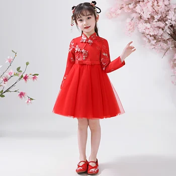 Kitajski Cvet Dekle Obleko Za Poroko Dekleta Cheongsam Obleko Kitajski Hafu Otroci Obleke Baby Tradicionalna Oblačila Novo Leto Obleko