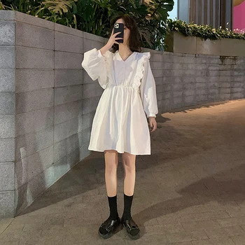 Korejski Belo, Črno Srajco, obleko 2020 Poletje Jesen Dolg Rokav vezenje Ruffles Mini Obleka Ženske Priložnostne stranke Obleke vestidos