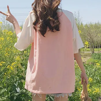 Korejski kawaii roza ženske majice poletje Svoboden Hip Hop Elegantno Preprost Tee majica Kratek Rokav mlada dekleta Mozaik Fashion majica s kratkimi rokavi