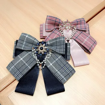 Korejski Moda Kariran Multi-layer Bowknot Ženske Tkanine Lok Kravato High-end Pearl Nosorogovo Zatiči in Broške za Ženske Dodatki