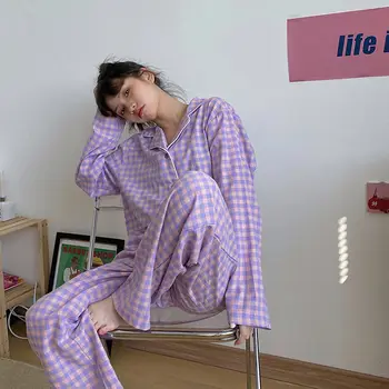 Korejski Pižamo za Ženske Bombaž Kariran Leni Slog Sleepwear Zimske Ženske Pižame Homewear Pizama Damska Pijamas Mujer Invierno