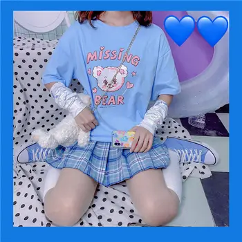 Korejski Sladko Slog Risanka Natisnjeni T-shirt Šolarka Poletje Novi Vrhovi 2020 Ulzzang Harajuku Kawaii Modra Svoboden Tees Ženske