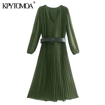 KPYTOMOA Ženske 2021 Elegantna Moda S Pasom Tiskanja Naguban Midi Vintage Obleko z Dolgimi Rokavi Z Oblog Ženske Obleke Vestidos