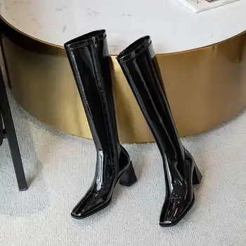 Krazing Lonec kvadratni toe visoke pete zimske čevlje Evropski stil enostavno oblikovanje trdne mlada dama toplo osnovne kolena-visoki škornji L8f0