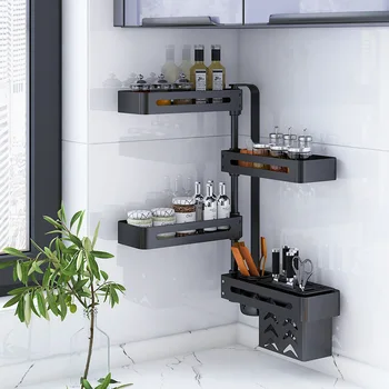 Kuhinjski polici kotu vrtenja začimbe rack aluminij zlitine kopalnica multi-layer polica brez luknjo steni visi rotacijski shranjevanje