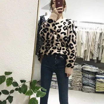 Leopard Natisniti Pulover Ženske Pletene Barvne O-vratu Moda Priložnostne Jeseni, Pozimi Ohlapen Pulover Ženski Pulover Q316
