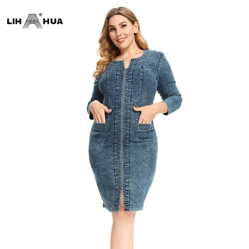 LIH HUA Ženske ' s Plus Velikost Jeansa Obleko Visoka Prilagodljivost Slim Fit Obleko Priložnostne Pleteno Obleko