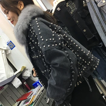 Lisica krzno zakovice obrezana denim jakna korejski jeans jakna ženske modne jakne 2021 nove zimske debele svoboden veste femme