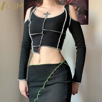 LISM Votlih Iz O-Vrat Harajuku T-Majica, Dolg Rokav Pomlad Poletje zgornji deli oblačil za Ženske 2021 Modno Črtasto Gothic Punk Oblačila