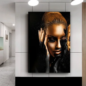 Ličila Zlata Črni Afriški Ženska Oljna slika na Platnu Plakatov in Fotografij Decoracion Wall Art Slik, Dnevna Soba Dekor