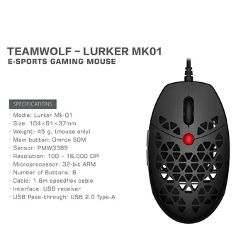 Lurke MK01 Žično Gaming Miška 45 g Votlih-Iz Lahke Miši PMW3389 16000DPI Ergonomska z Mehko vrv Kabel Za Računalnik Gamer