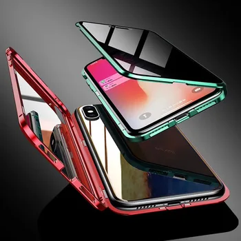 Magnetni adsorpcije Kaljeno Steklo Zasebnosti Kovinski Telefon Primeru Coque 360 Magnet Antispy Kritje Za iPhone XR XS MAX X 8 7 6 6s Plus