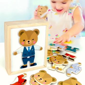 Magnetni Risanka Medved Spremenite Oblačila Otrok, Lesene Igrače, Sestavljanke Otroci Izobraževalne Obleko Spreminjanje Sestavljanke Igrače Za Otroke