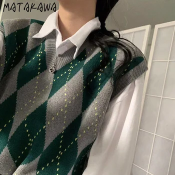 MATAKAWA Japonski Modni Waistcoat Retro Diamond Plesti Pulover Telovnik korejski Ins Jeseni Proti-Vrat Argyle Kntted Telovnik