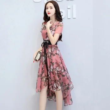 Maxi obleko 2020 poletje novo obleko ženski korejska različica slim hujšanje natisnjeni šifon elegantno swallowtail šifon obleko