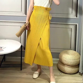 Miyake naguban rumeno krilo poletje Jesen 2020 ženske estetski korejski Oblačila visoko pasu plus velikost irregularPencil dolgo krilo