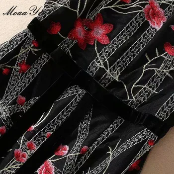 MoaaYina Modni Oblikovalec obleko Pomlad Poletje Ženske noše Kratek rokav Paket zadnjico Očesa Vezenje Vintage Obleke