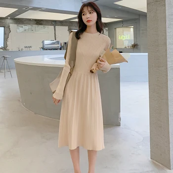 Moda 2019 Novo Visoko Pas Obleke, Casual, Kratek A-line Obleko Poletje Plesti Svoboden korejski Mid-tele Obleko Letnik