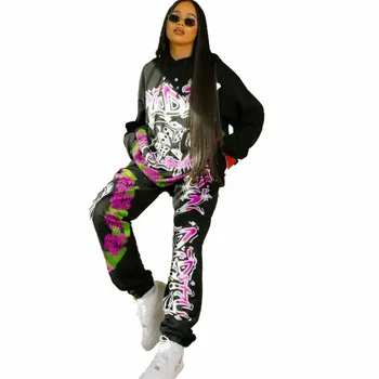 Moda Cvjetnim Tiskanja Dve Delni Set Za Ženske Pulover S Kapuco In Sweatpants Obleke 2021 Nova Ulica Slog Hip Hop Trenirka Komplet