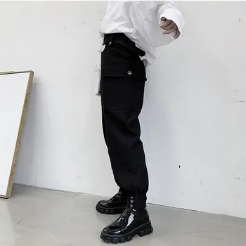 Moda za Moške Joggers Sopihanje Visok pas s Pasu Gleženj Odvisnih Hlače Tovor Žep Kovinski Disk Black Svoboden Hip Hop Techwear Dnu