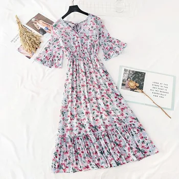 Moda za ženske cvjetnim tiskanja midi obleka ženske poletje kratek rokav Ogrlicom ženske elegantne v vratu vintage obleko vestidos femme 2020