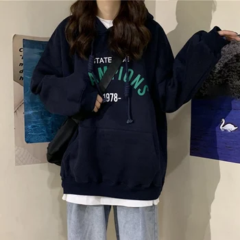 MoneRffi Hooded Majica Ženska Korejski Modni Pulover Priložnostne Hoodies Dolg Rokav Ulične Svoboden Prevelik Estetske 2021