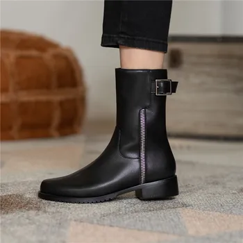 MORAZORA 2020 Visoke kakovosti gleženj škornji pravega usnja črne barve ženske čevlji z nizko peto kvadratni toe jeseni, pozimi dame čevlji