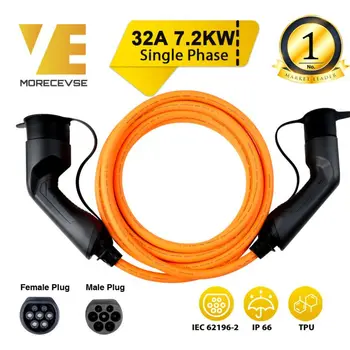 Morec EV Kabel za Polnjenje, Oranžna 32A 7.2 KW za Električni Avto Polnilec Postaje Tipa 2 Ženski Moški Vtič, IEC 62196-2 5M