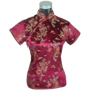 Mornarsko Modra Tradicionalni Kitajski Ženska Majica Saten Vrhovi Mandarin Ovratnik Bluzo Lady Oblačila Vrh Zmaj Phoenix S-XXL