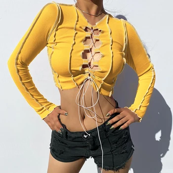Mozaik Suh Votlih Iz Y2K Majice Ženske Crewneck Dolge Rokave Jeseni Crop Tops korejski Moda Čipke-up Tees Cuteandpsycho