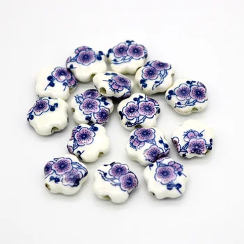 Nakit Kroglice 100 kozarcev/veliko Plum Blossom Keramične Kroglice Cvet Ročno Modre in Bele Keramike, Porcelana Kroglice 15*6 mm Debelo